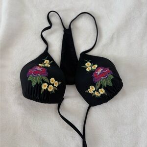 Floral Embroidered Black Bikini Top